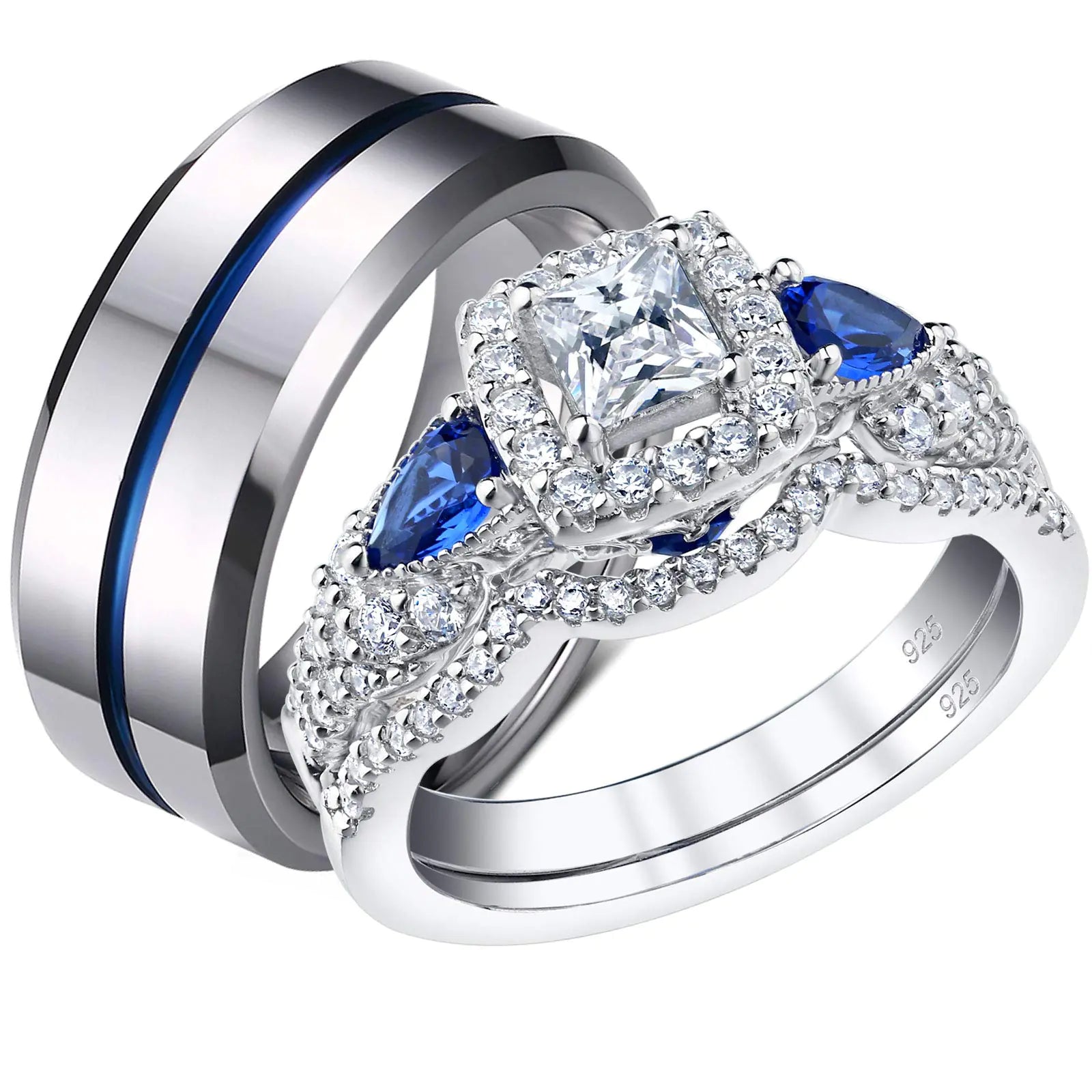 SHELOVES Wedding Rings Set for Couple Womens Cz Sterling Silver Mens Blue Tungsten Bands Him and Her 9+10