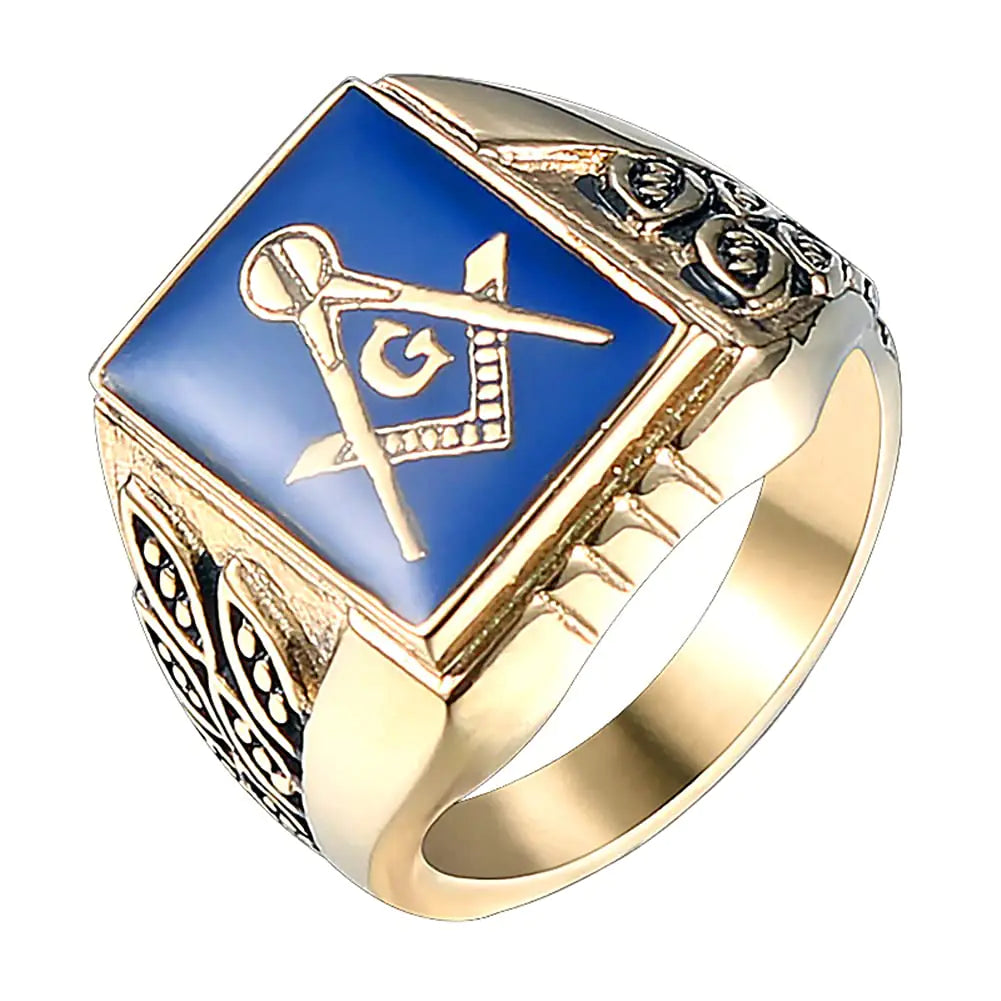 ANIEJUFI Mens Stainless Steel Gold Plated Freemason Masonic Rings Blue Master Mason Signet Biker Band Size 11