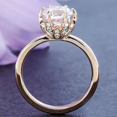 14K Rose Gold Flower Crown Zircon Ring for Women