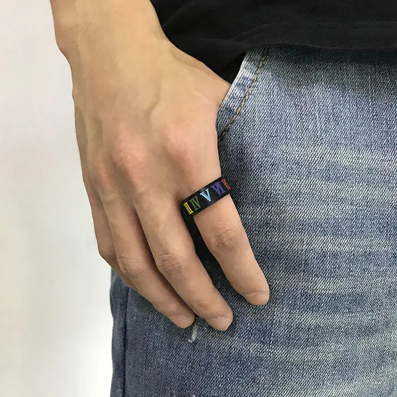 8MM Titanium Rainbow Roman Numeral Ring for Men