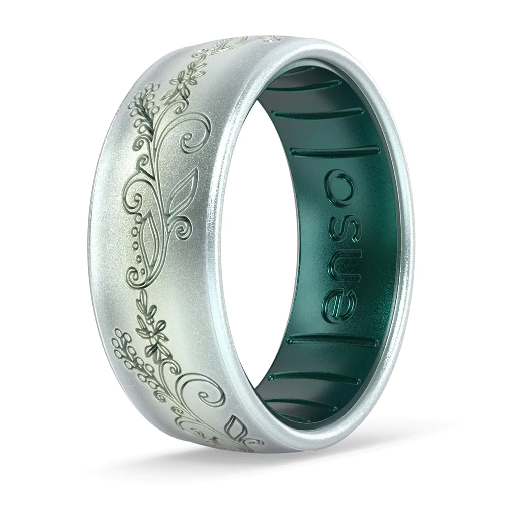 Enso Rings Etched Dualtone Silicone Ring - Ultra Comfortable - 6.6mm Wide 1.75mm Thick - Evergreen Elegance - Unicorn/Emerald - Size 8