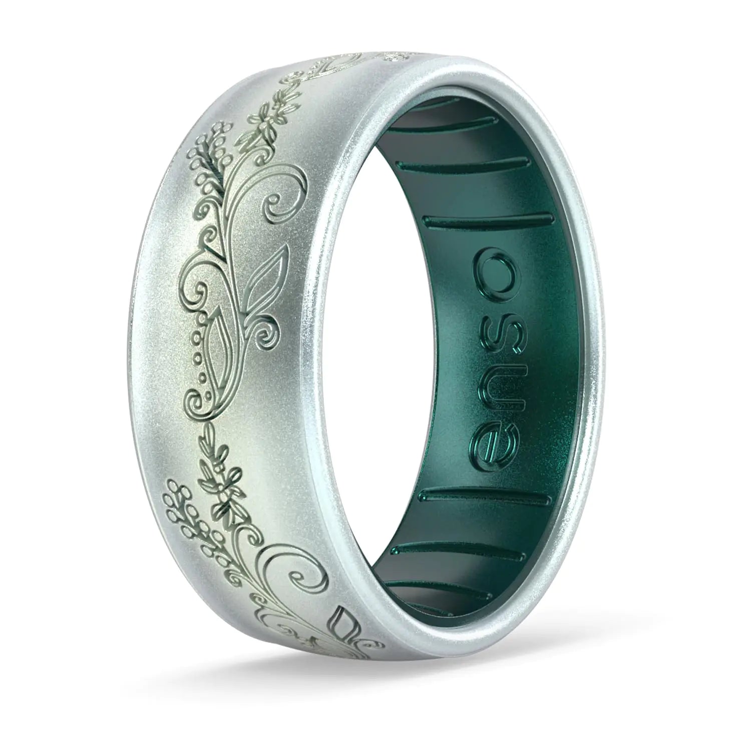 Enso Rings Etched Dualtone Silicone Ring - Ultra Comfortable - 6.6mm Wide 1.75mm Thick - Evergreen Elegance - Unicorn/Emerald - Size 8
