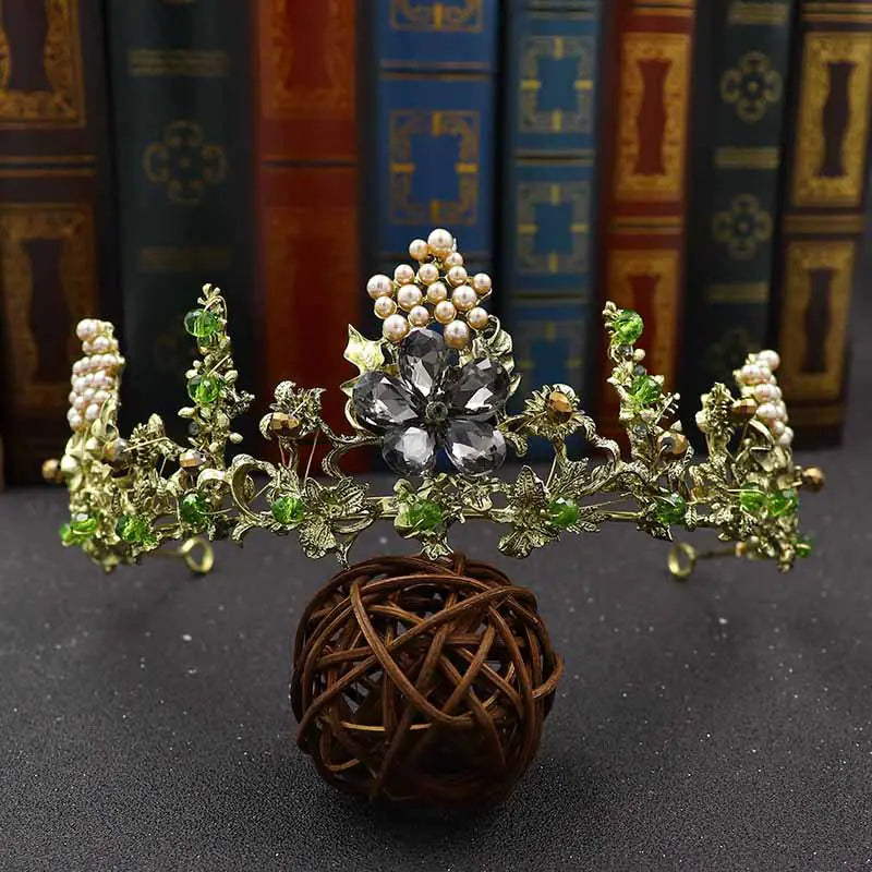 Vintage European Bride Crown with Black Rhinestones