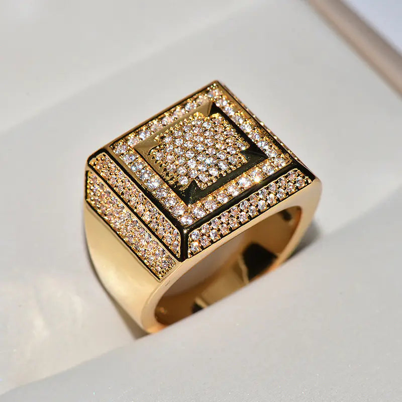 Men's Hip Hop Square Ring with Gold-Plated Zirconium