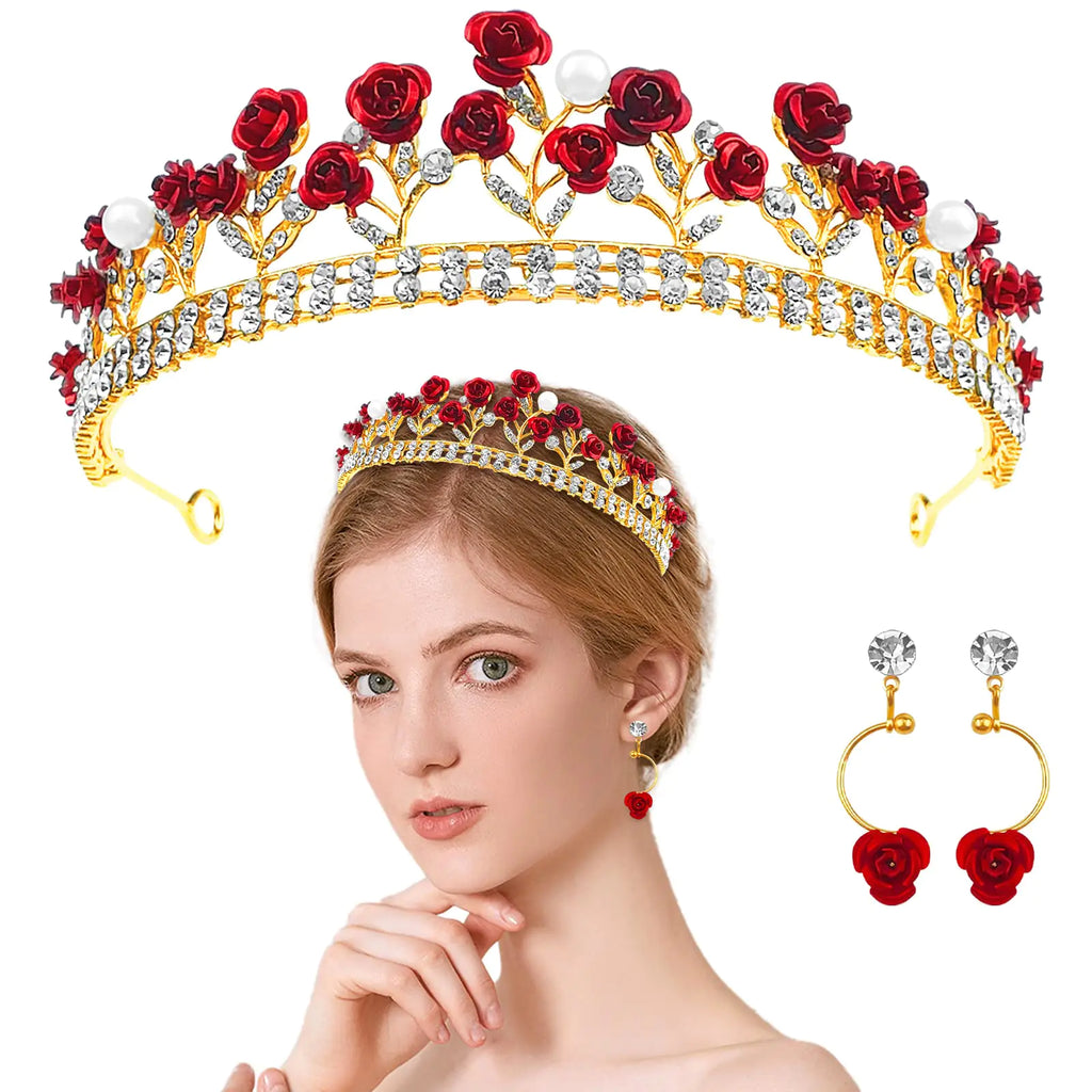 Aswewamt Red Rose Tiaras Bridal Wedding Queen Crowns Gold Flower Baroque Princess Crown Pearls Crystal Gold Headbands Earrings Rose Pendant Flower Jewelry for Women