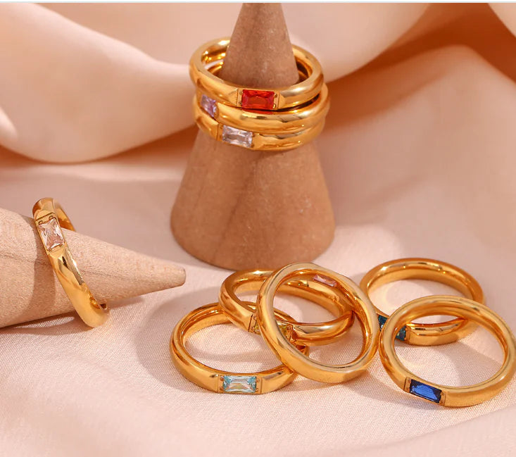18K Gold Plated Stainless Steel Birthstone Ring for Women
