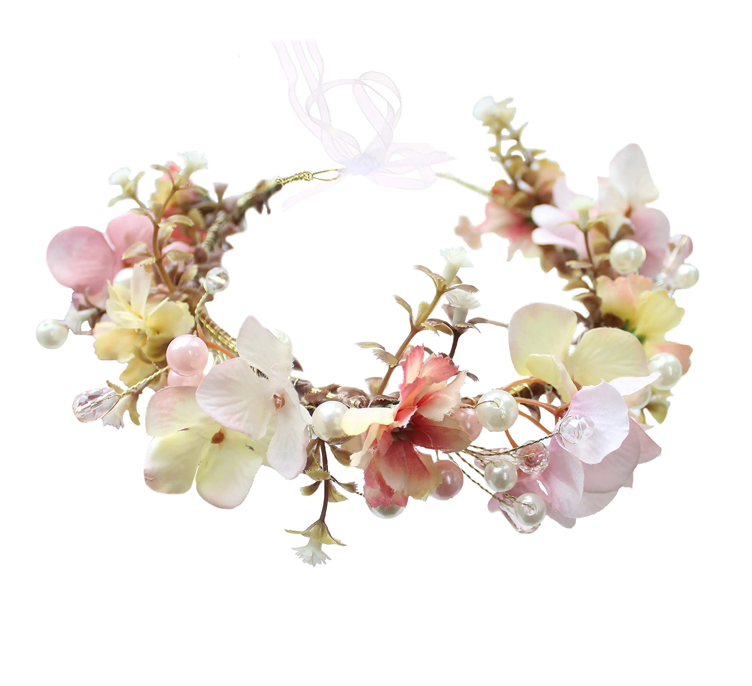 Vivivalue Bridal Floral Headband Women Floral Crown Hair Wreath Flower Headpiece Halo Boho with Ribbon Wedding Party Festival Photos