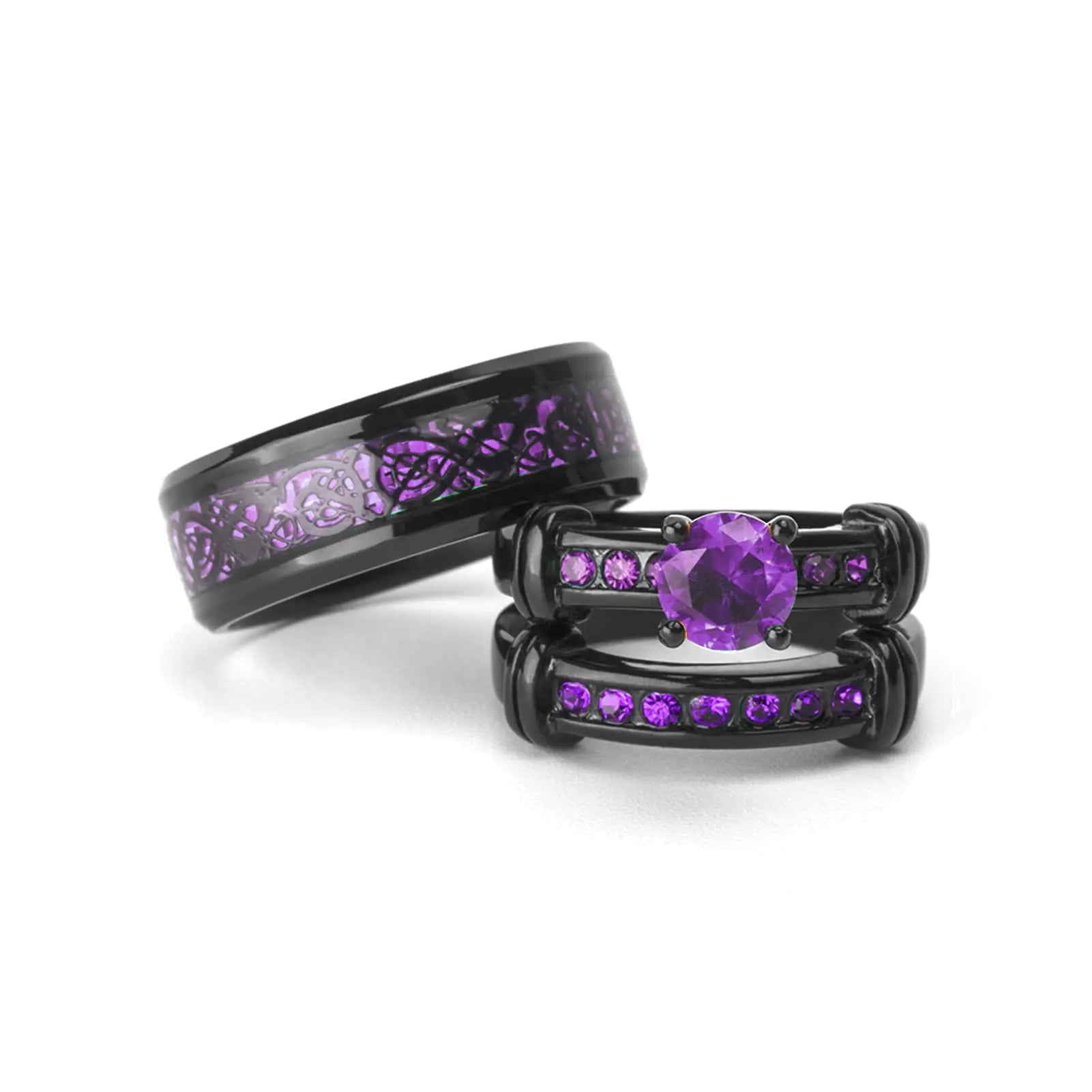 Couple Ring Bridal Set His Hers Black Gold Plated Purple Violet CZ Stainless Steel Wedding Ring Band