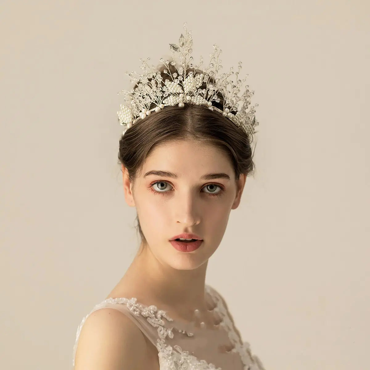 Handcrafted Beaded Leaf Bridal Crown with Crystals