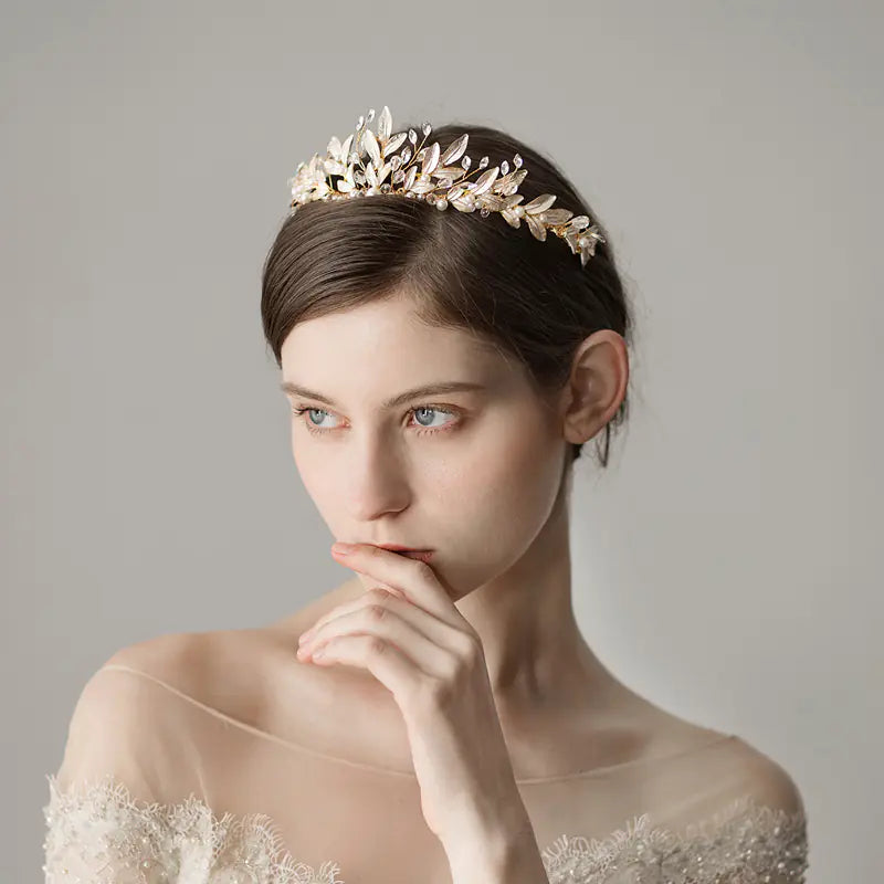 Elegant White Leaf Bride Crown - Korean Style Tiara