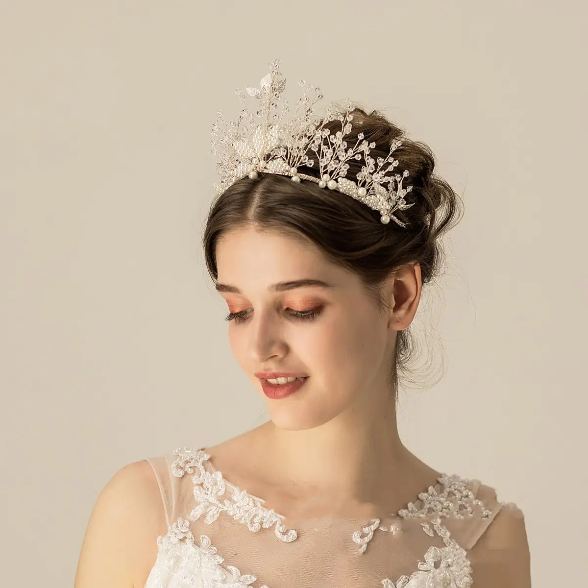 Handcrafted Beaded Leaf Bridal Crown with Crystals