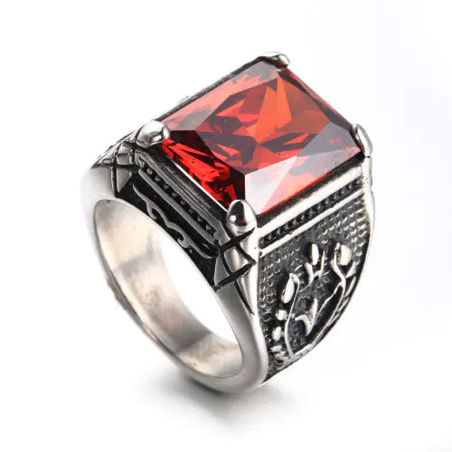 Vintage Stainless Steel Men's Rings with Ruby Design