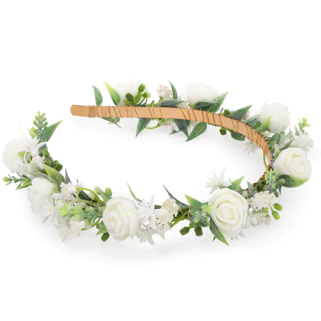 KorViSHOW White Flower Crown Hairband - Rose Flower Headband for Womens Wedding Party Festival Decoration Hair Styling Accessory