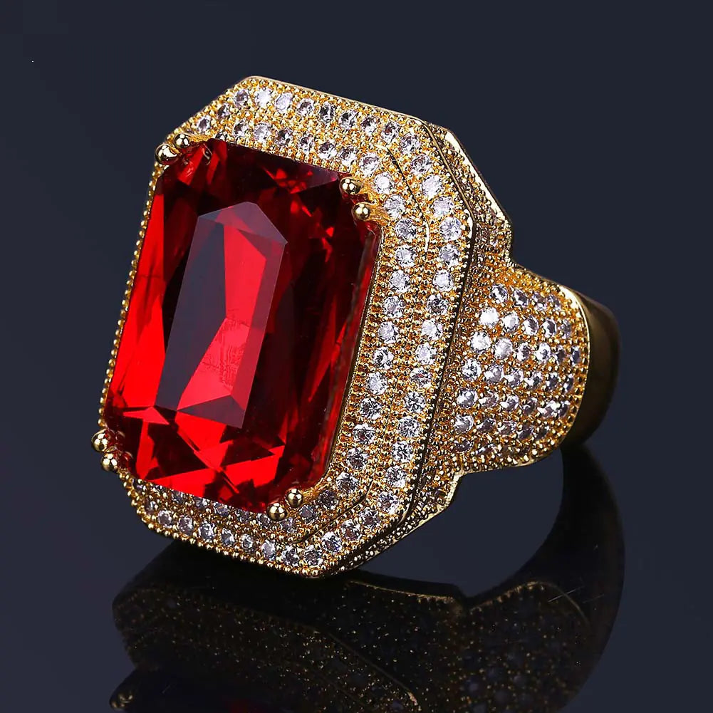 Gold-Plated Zirconia and Ruby Hip Hop Ring