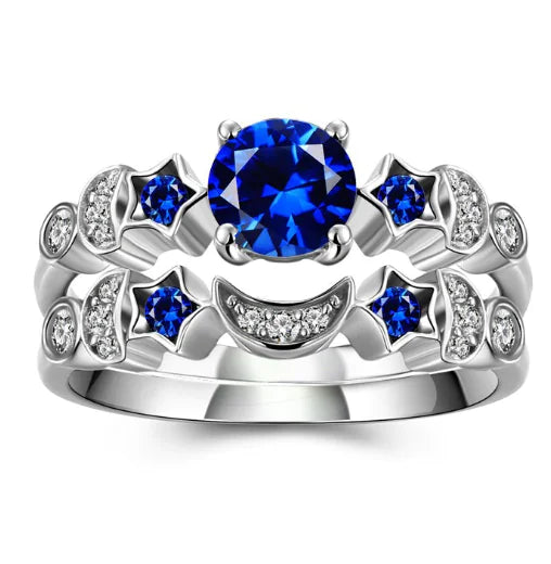 Creative Star Moon Ring with Blue Gemstone for Women