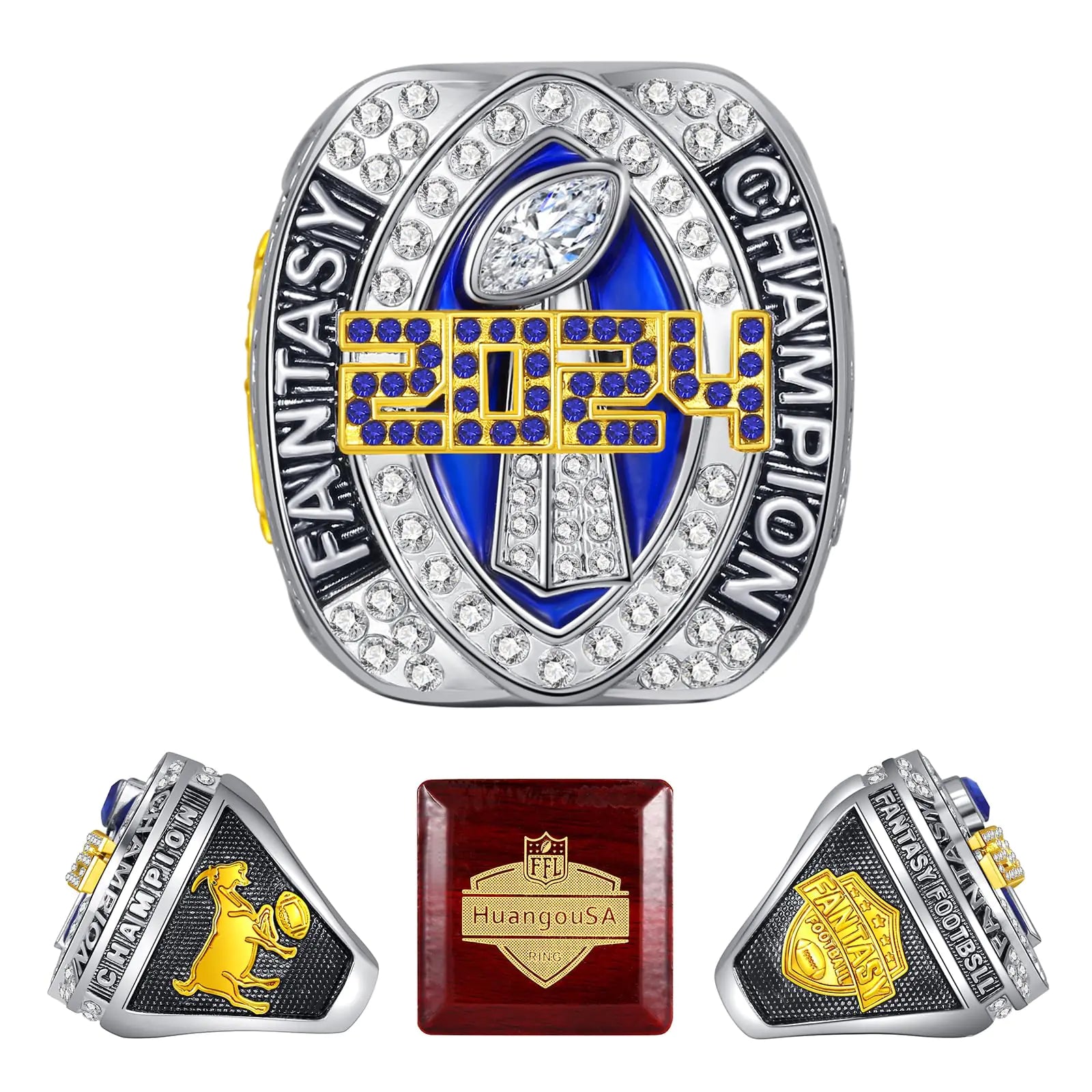 HuangouSA 2024 Fantasy Football Trophy Ring League Championship Rings Premium Champion Award for Winner (Ring with wooden box goat 13)