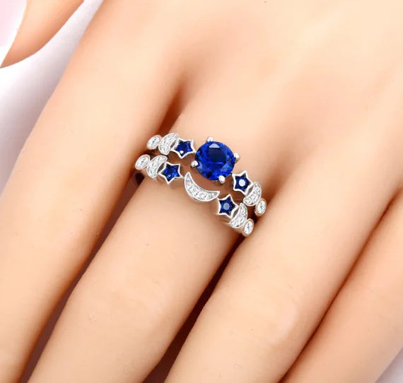 Creative Star Moon Ring with Blue Gemstone for Women