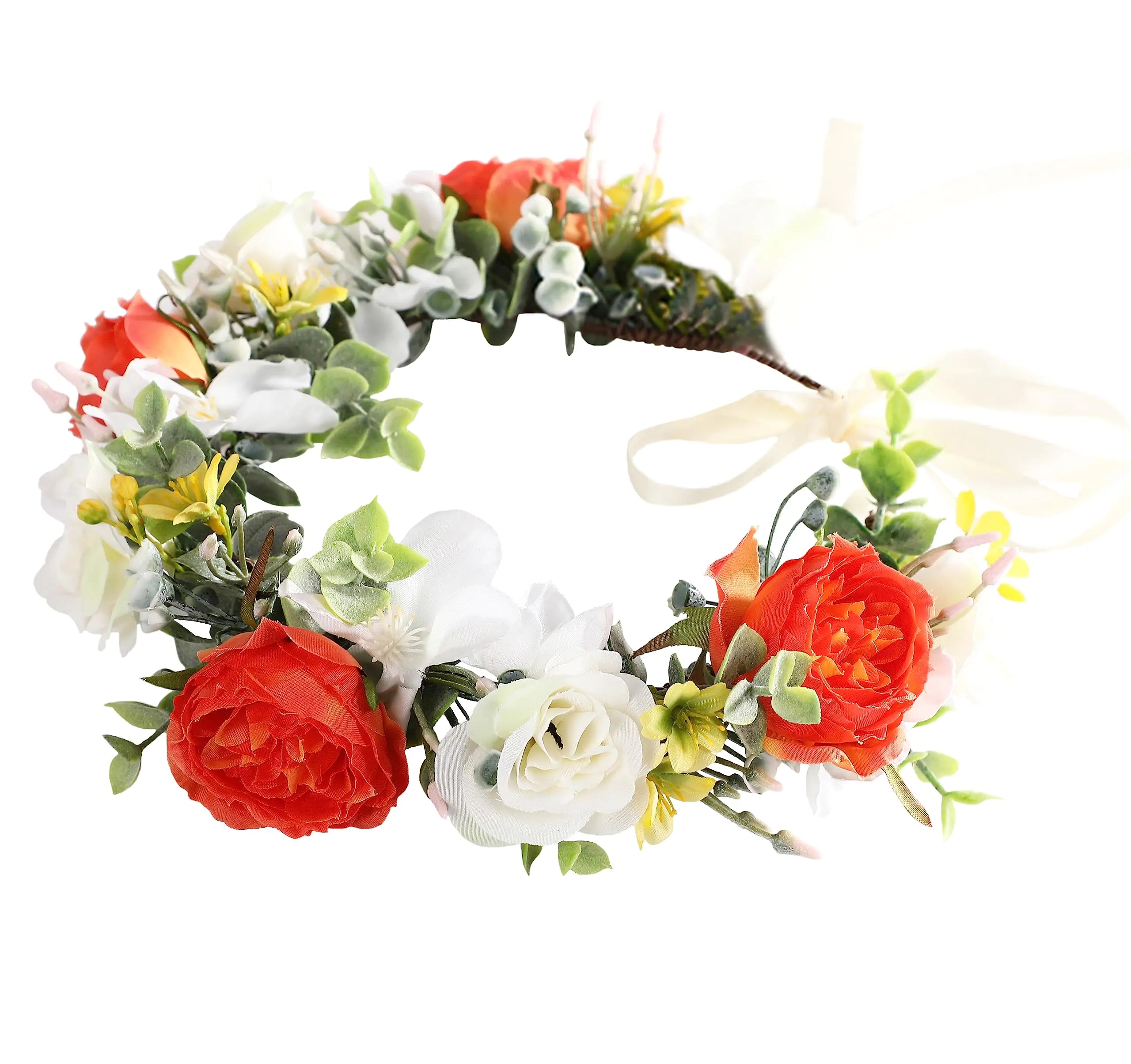 Vivivalue Girl Flower Crown Rose Flower Headband Hair Wreath Floral Headpiece Halo Boho with Ribbon Wedding Party Festival Photos