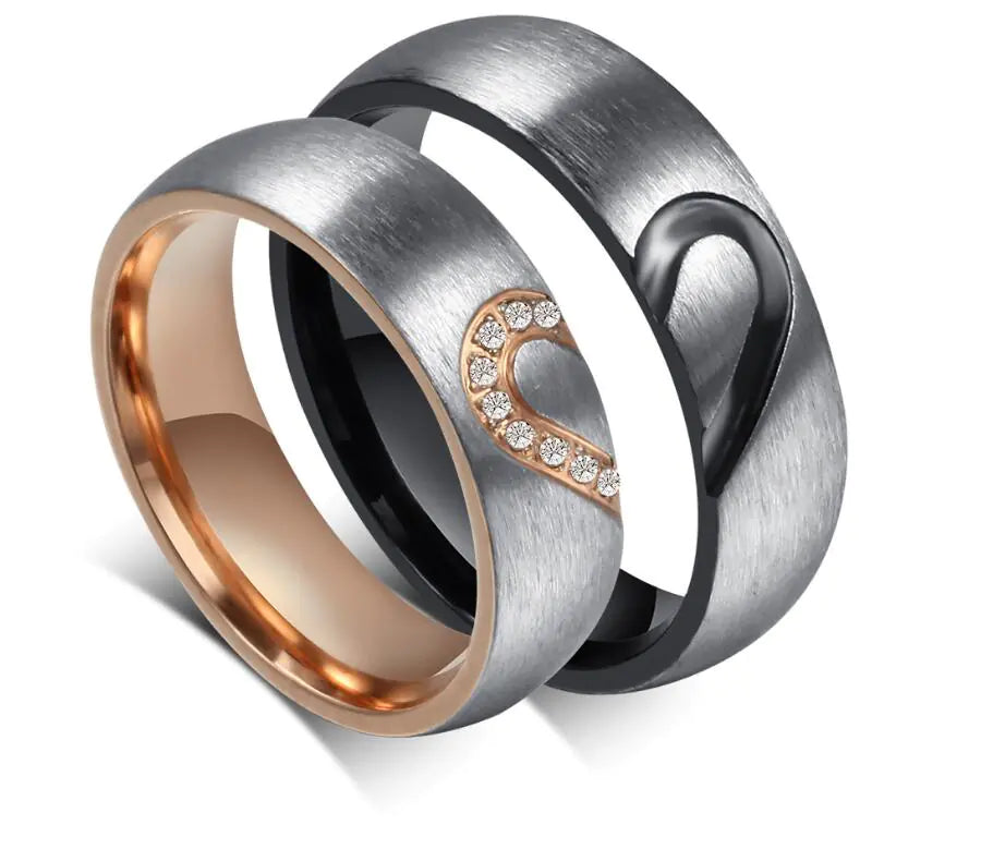 Couple Heart Rings with Diamond Inlay