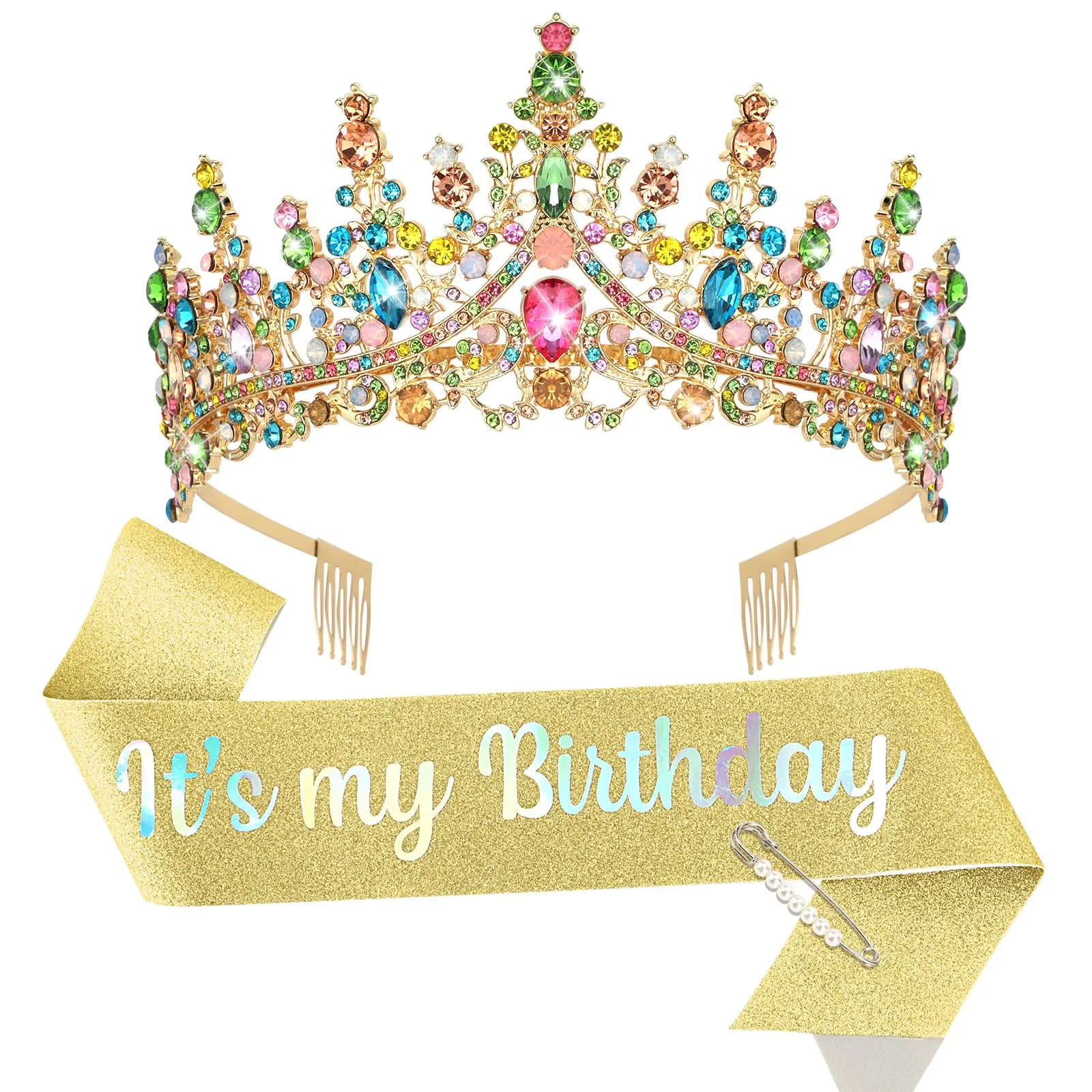 BAHABY Its My Birthday Sash & Rhinestone Tiara Set Princess Birthday Sash and Crown for Women Birthday Decorations for Women Girls (Multi-colors)