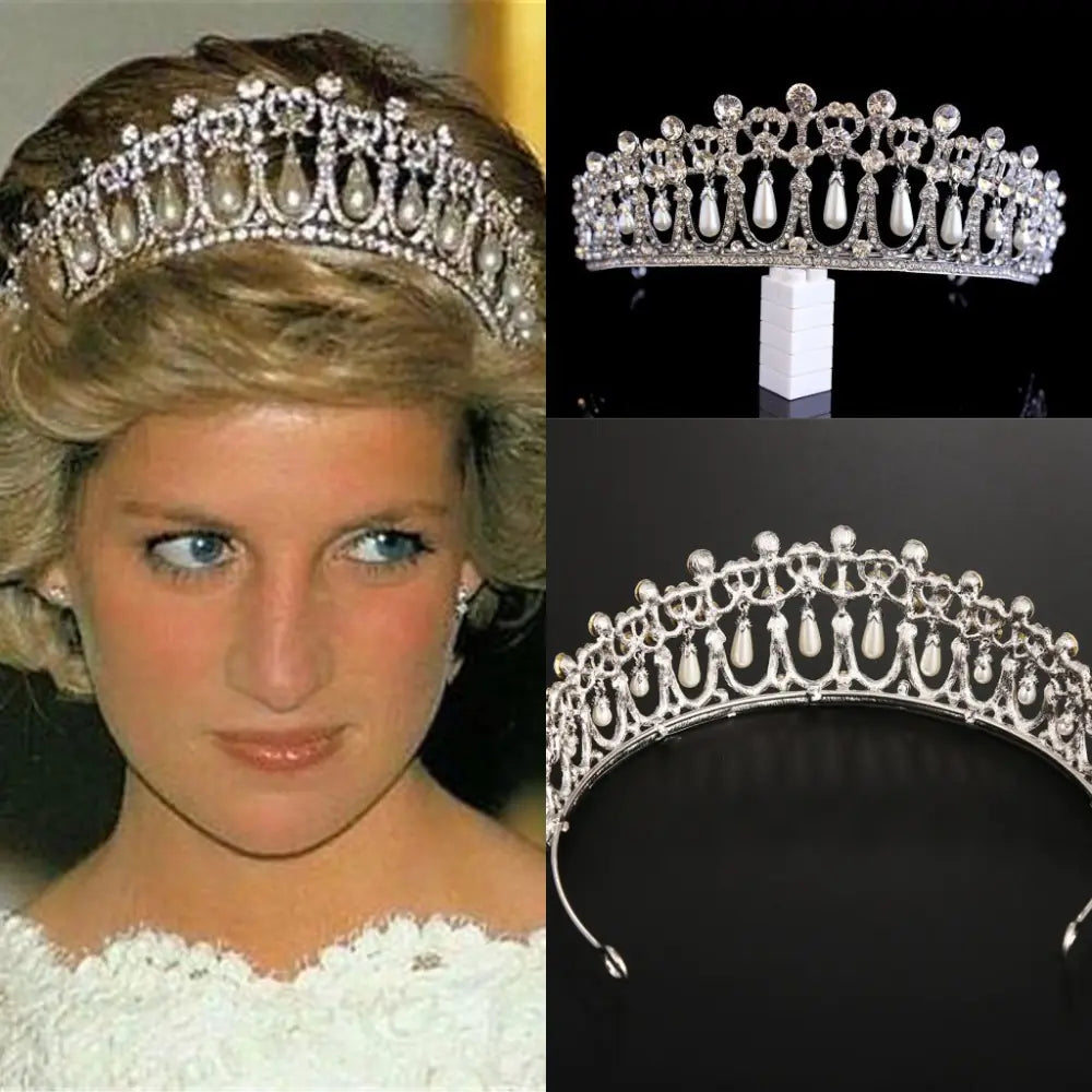 Vintage Silver Plated Crown Diadem with Crystal Pearls