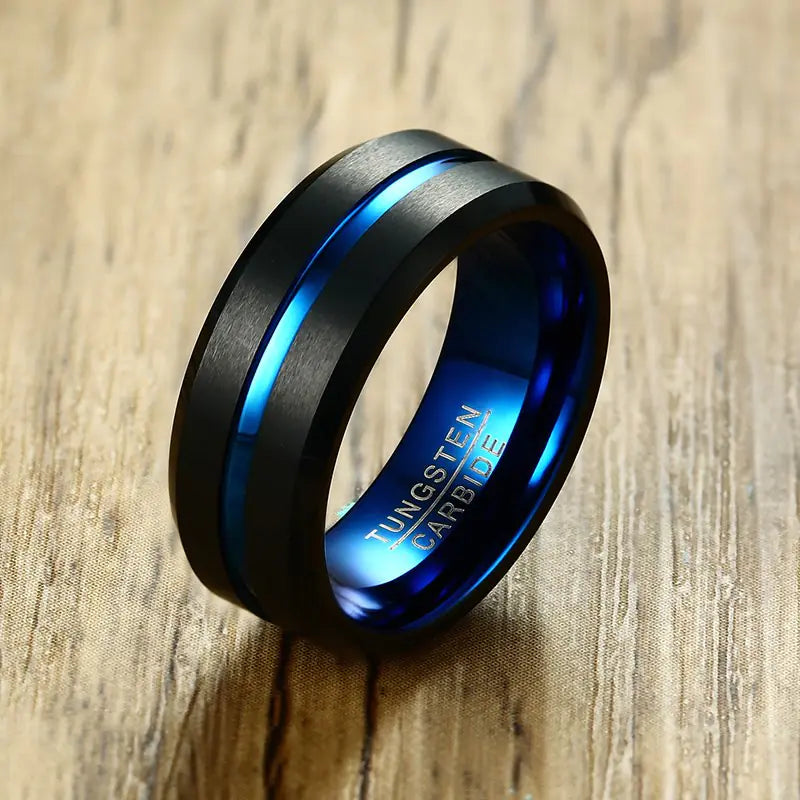 Tungsten Steel Men's Ring with Blue Inlay