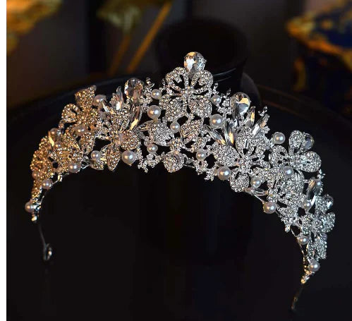 Luxurious Gold Rhinestone Pearl Bridal Crown Headpiece