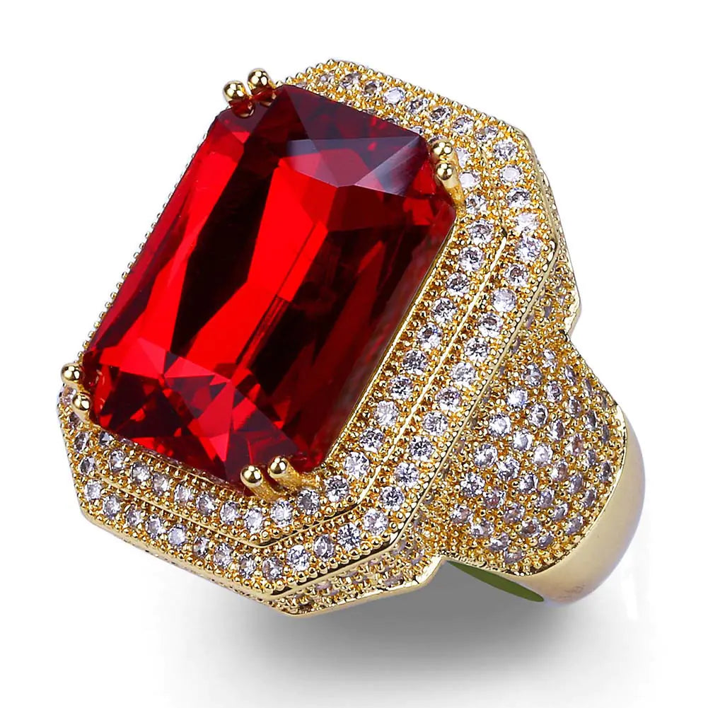 Gold-Plated Zirconia and Ruby Hip Hop Ring
