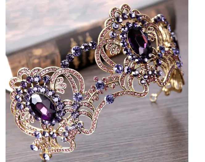 Purple Rhinestone Crystal Crown Headband for Brides