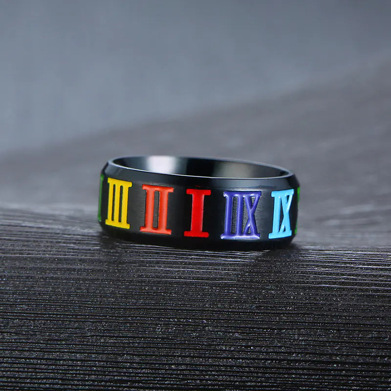 8MM Titanium Rainbow Roman Numeral Ring for Men