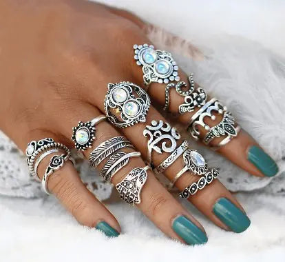 16-Piece Fashion Opal Ring Set for Women