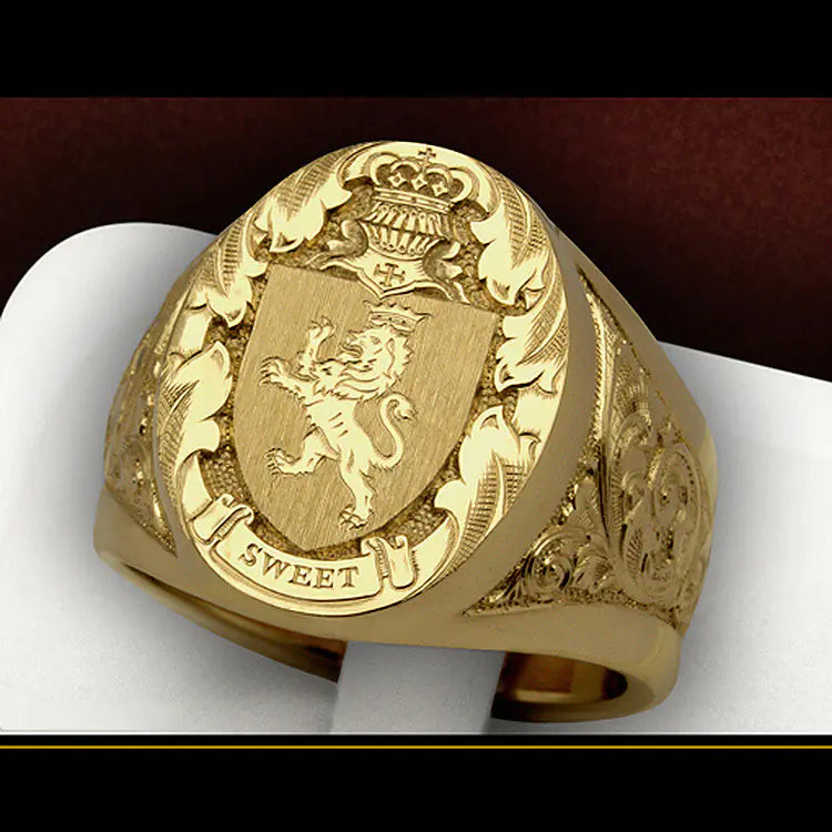 Crown Lion Shield Badge Ring in 18K Gold Color
