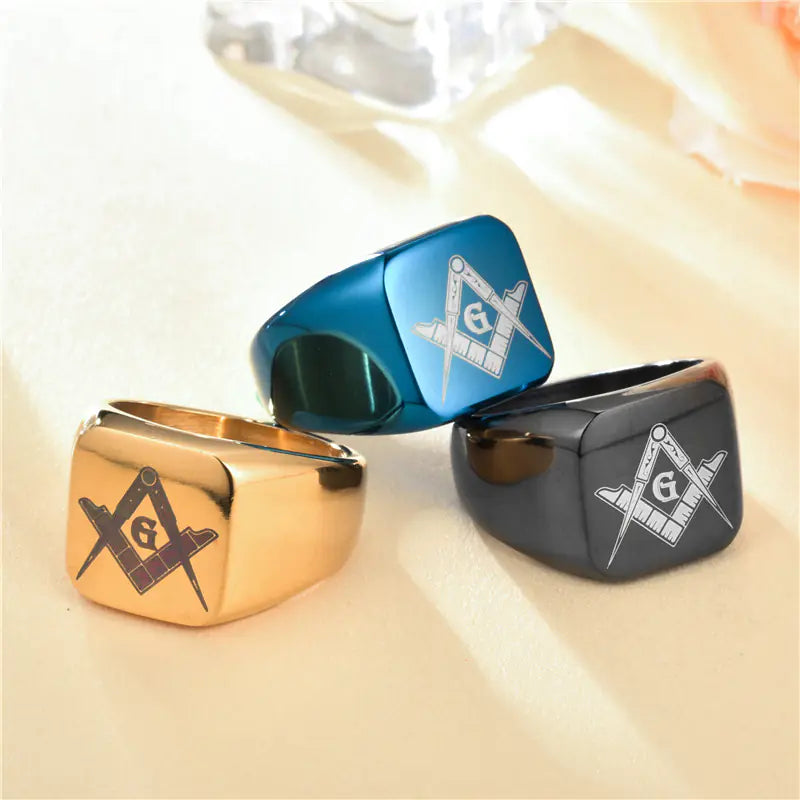 Men's Vintage Laser Engraved Masonic Symbol Ring