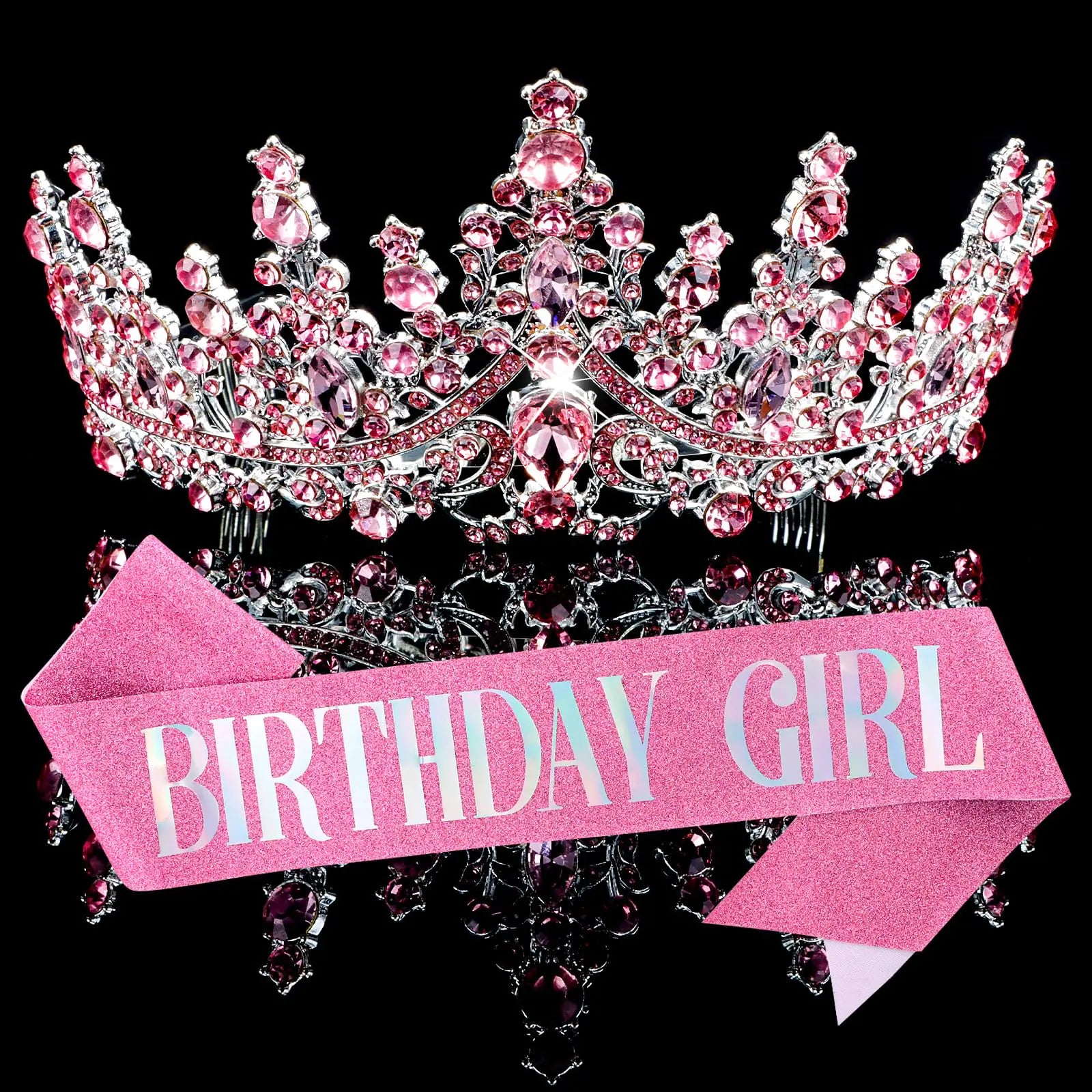 Chanaco Crown & Sash Set for Birthday Girl - Pink Adjustable Crown Tiara with Glitter Fabric Sash - Perfect Photo Props for Womens Birthday Party Decorations and Gifts