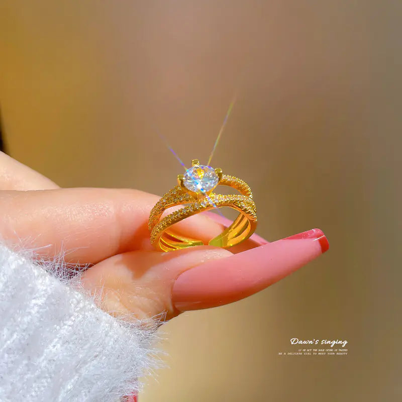 Geometric Design Gold-Plated Diamond Ring for Women