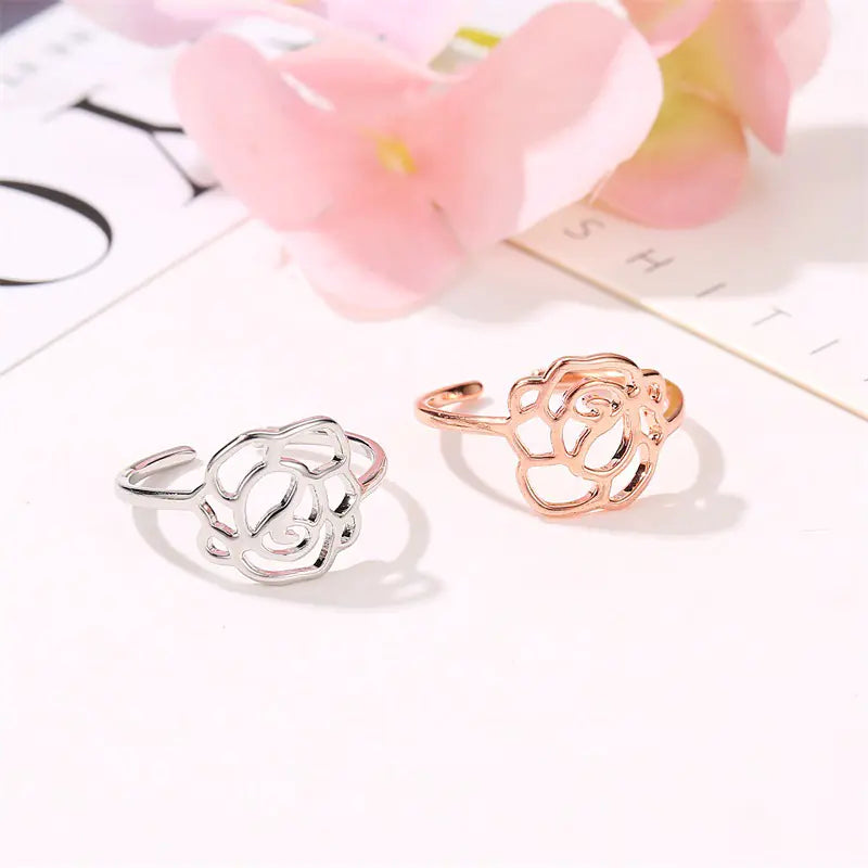 Rose Gold Adjustable Women's Ring with Floral Design