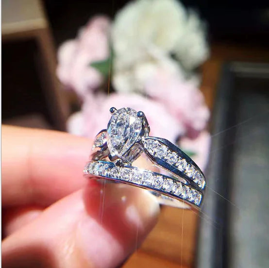 Water Drop Ring with Diamond, Double Layer Crown Design