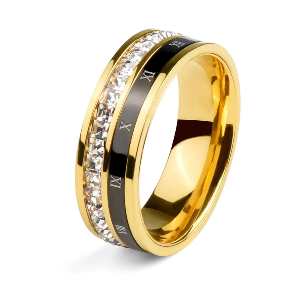 18K Gold Plated Roman Numeral Cubic Zirconia Ring for Women Square CZ Gold Rings for Men Spinner Silver Mens Rings Stainless Steel Size 5-13 (Gold Zirconia Ring 12)