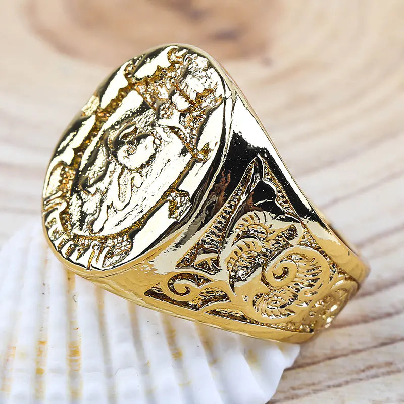 Crown Lion Shield Badge Ring in 18K Gold Color