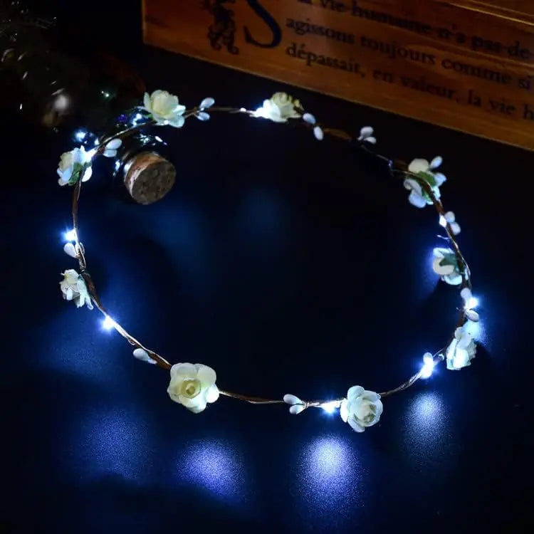 LEEMASING Led Light Women Flower Girl Headband Glow Blinking Crown Hair Wreath For Girls Women Wedding Festival Christmas New Year Party (White)