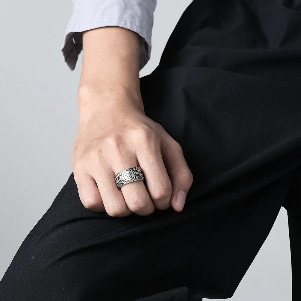Vintage Sun Star Moon Titanium Steel Ring for Men