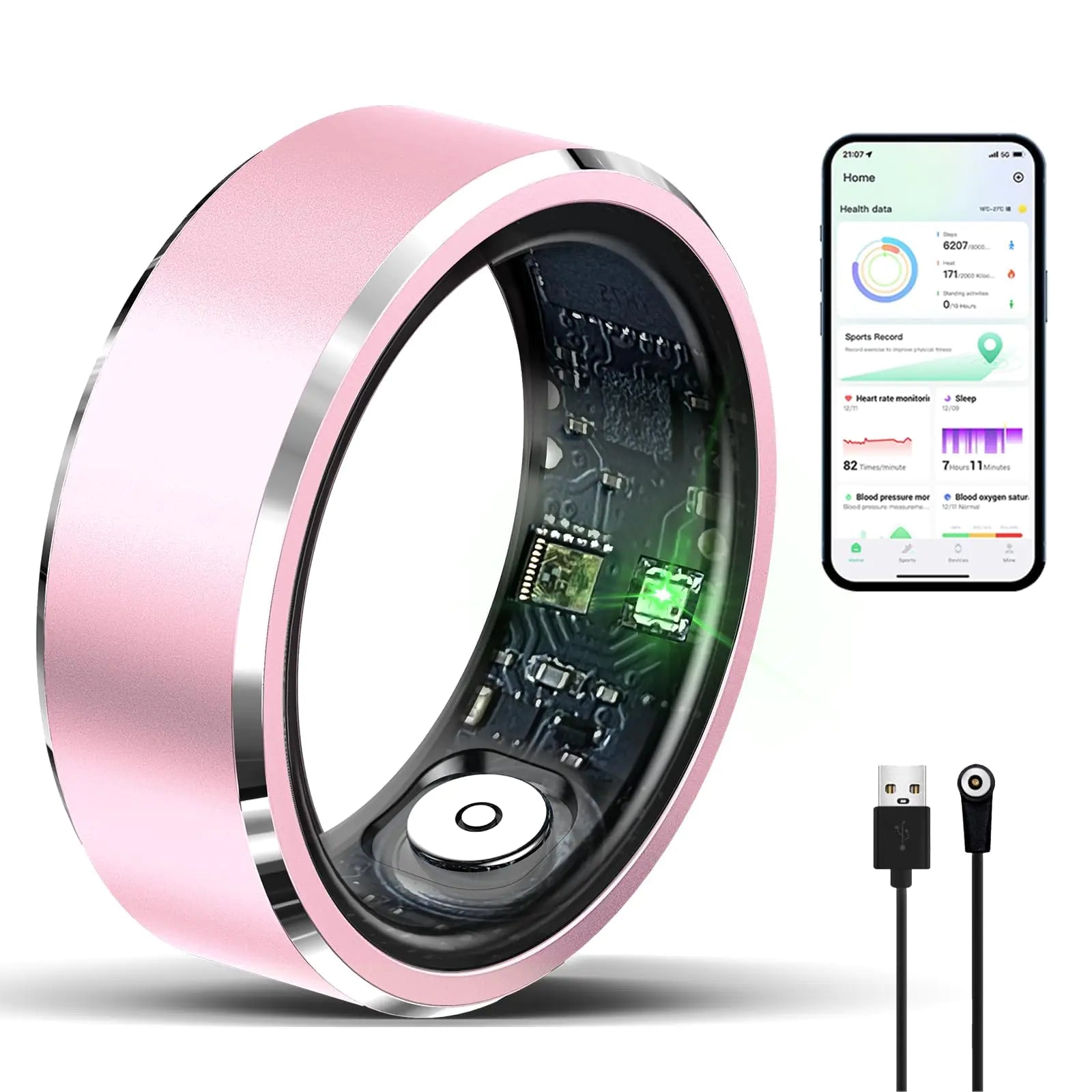 Smart Ring with Calories Heart RateStep Counter Heart Rate & Blood Oxygen Monitor Sleep Tracking and IP68 Waterproof - No App Subscription-Compatible with Android 6.0+ and iOS 11.0+(Pink10#)