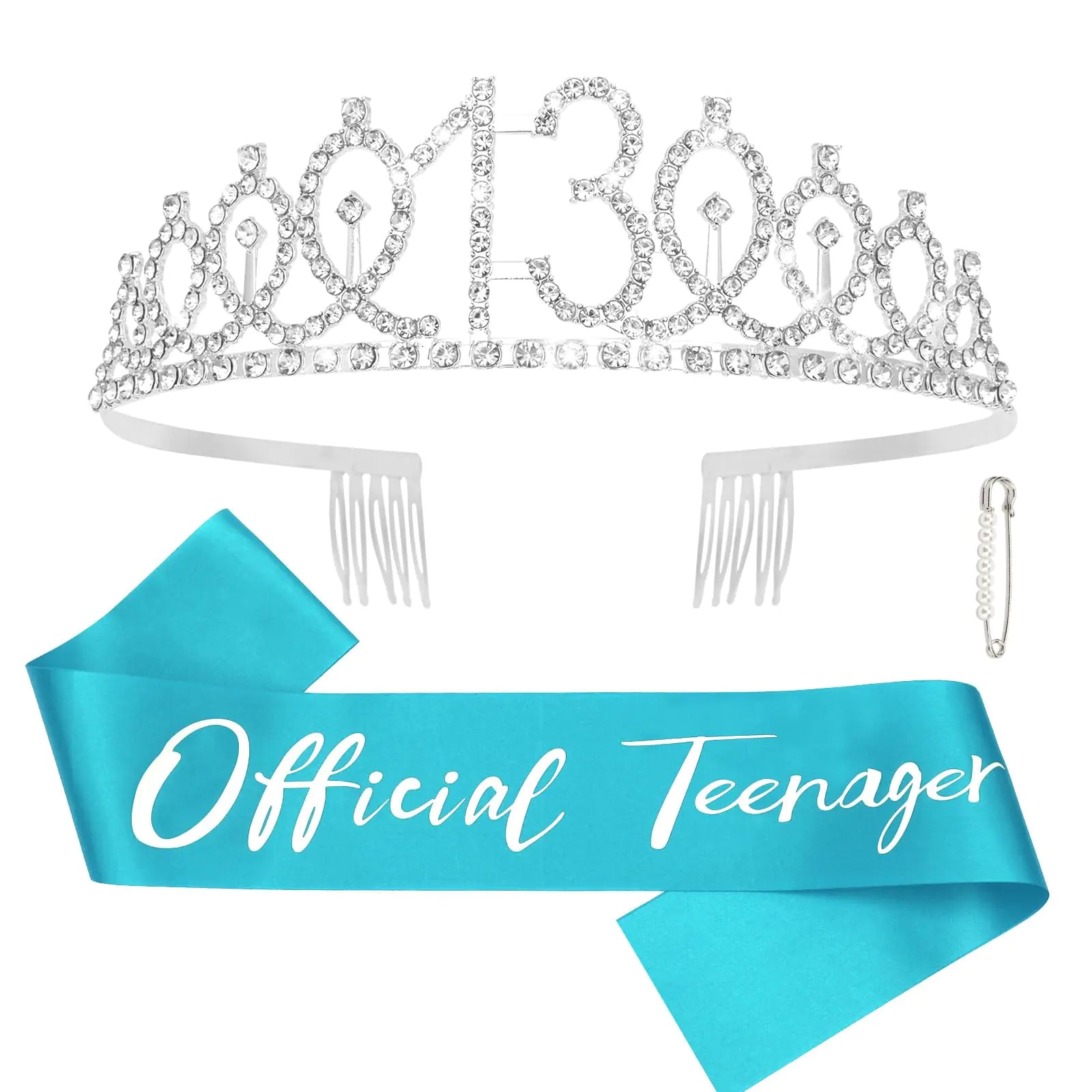 CAVETEE 13th Birthday Crown and Sash 13th Birthday Tiara Happy Birthday Decorations for Girls Sliver Birthday Tiara and Sash for Girls