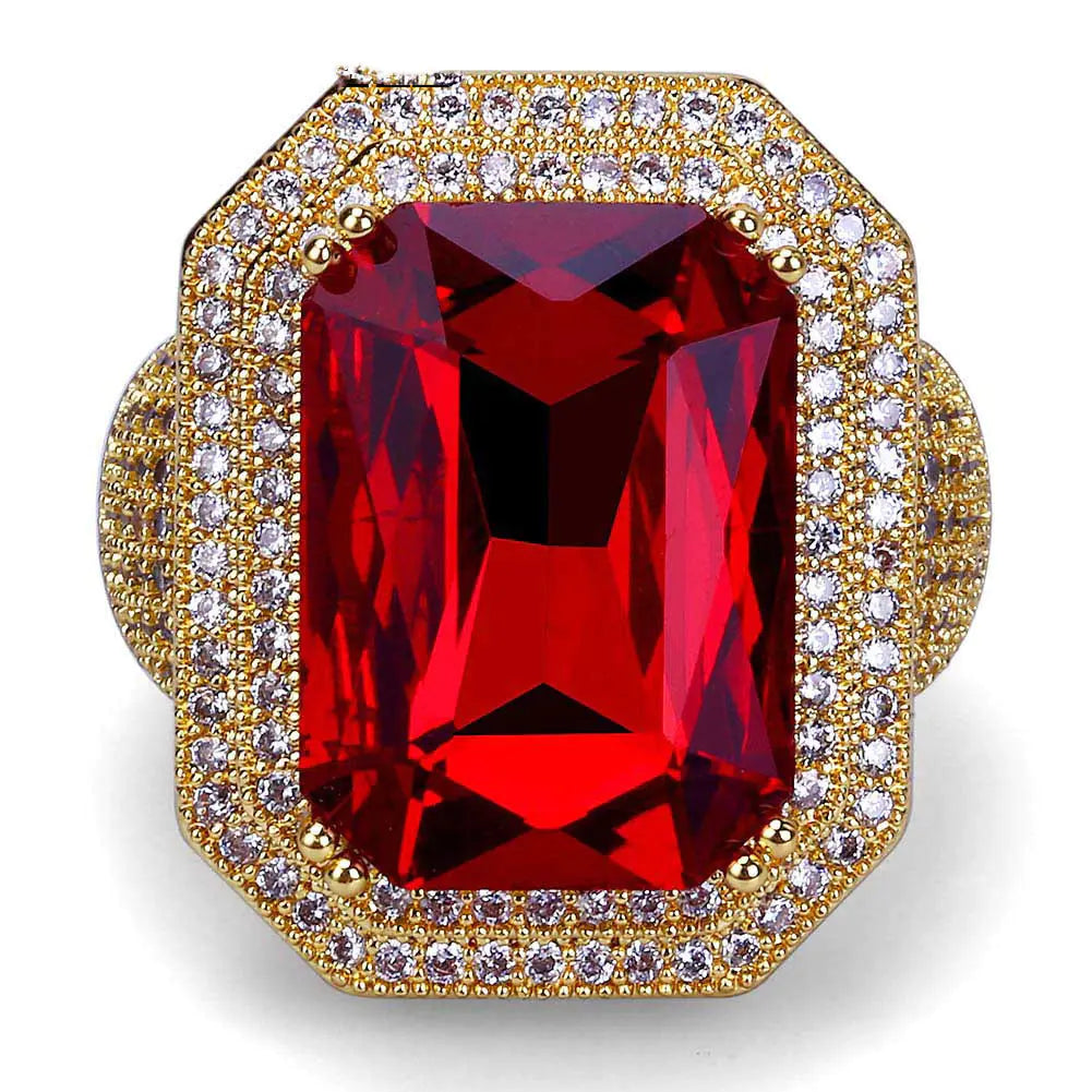 Gold-Plated Zirconia and Ruby Hip Hop Ring