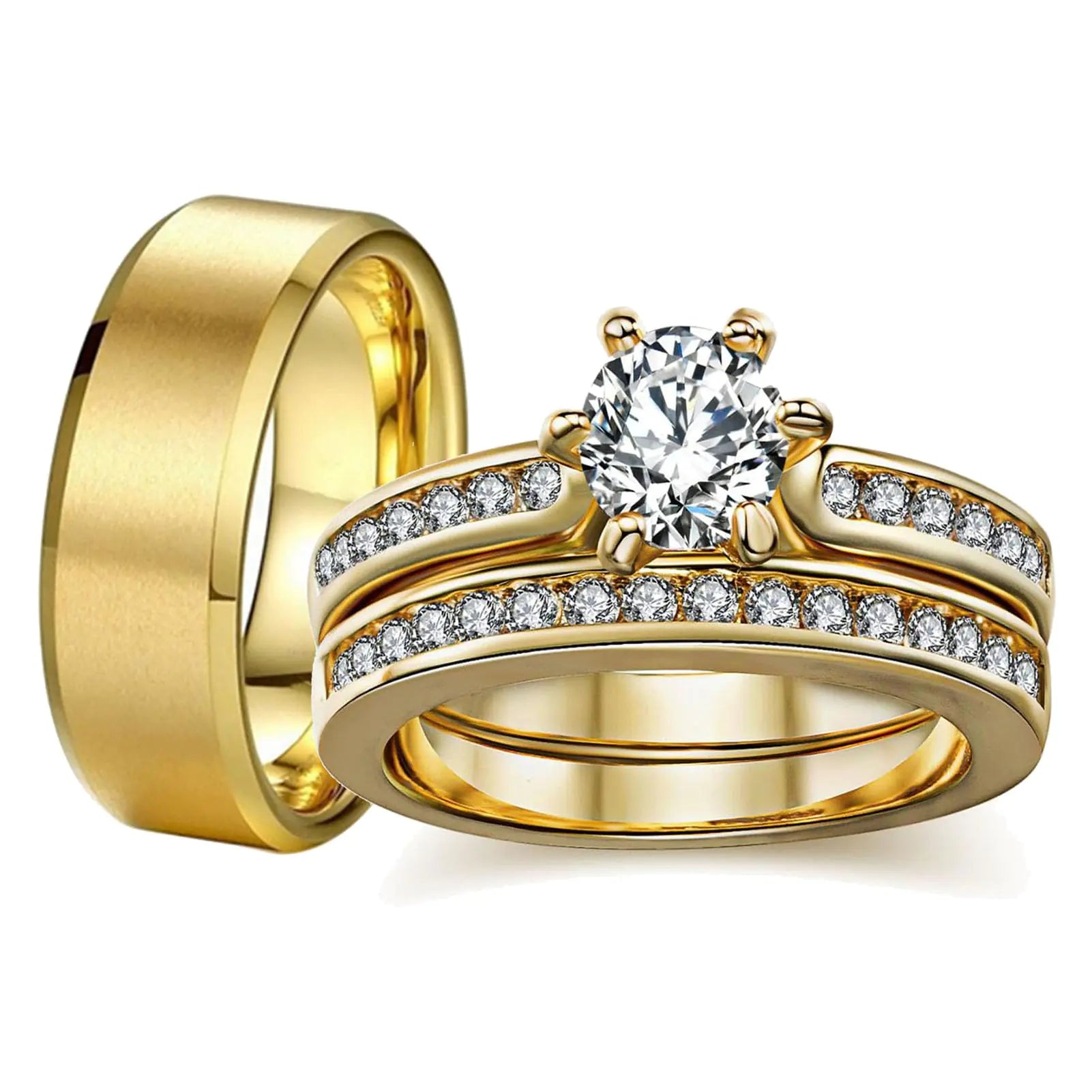 lvrong Couple Rings His Her Wedding Ring Sets Matching Rings Yellow Gold Plated AAA CZ Ring Titanium Men Ring