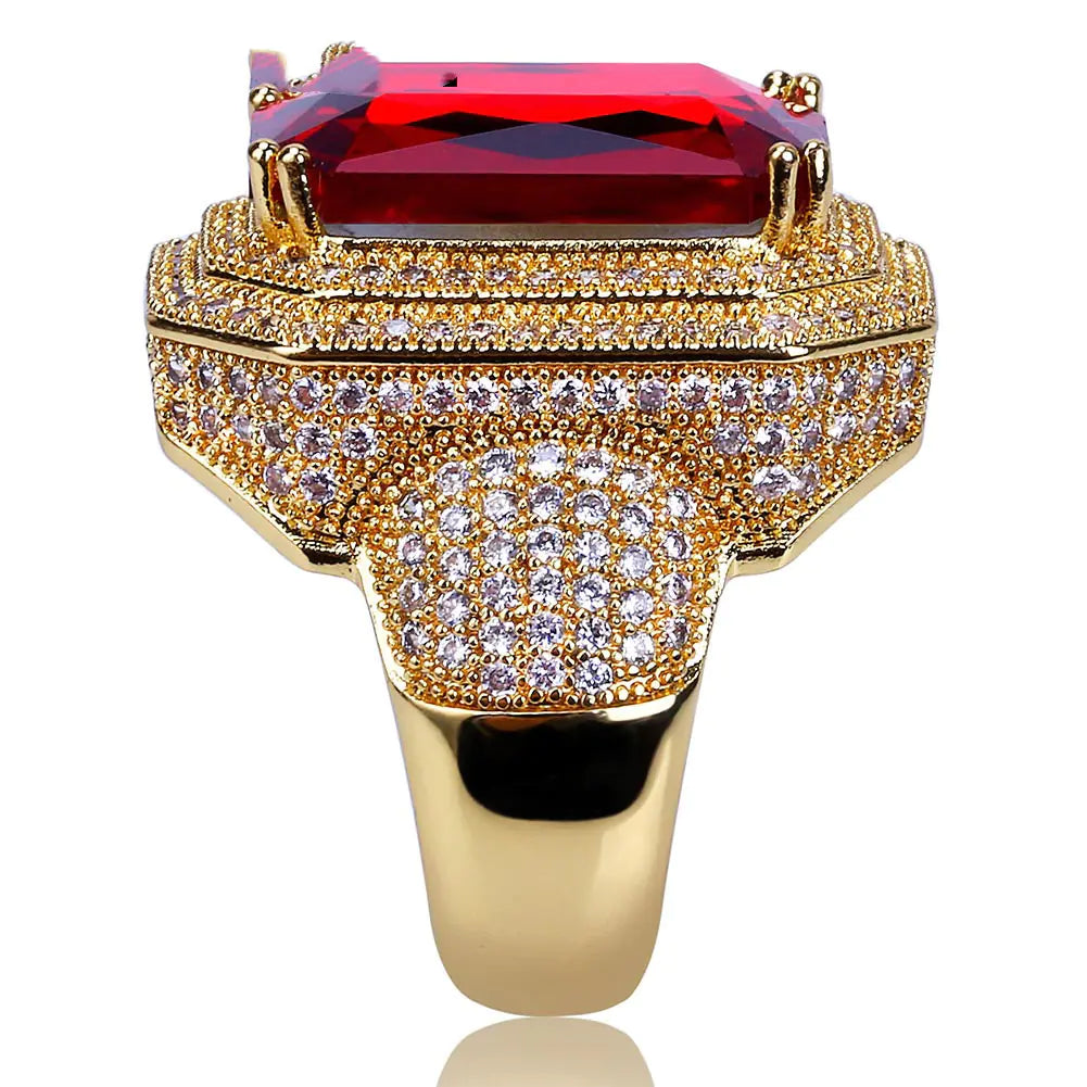 Gold-Plated Zirconia and Ruby Hip Hop Ring