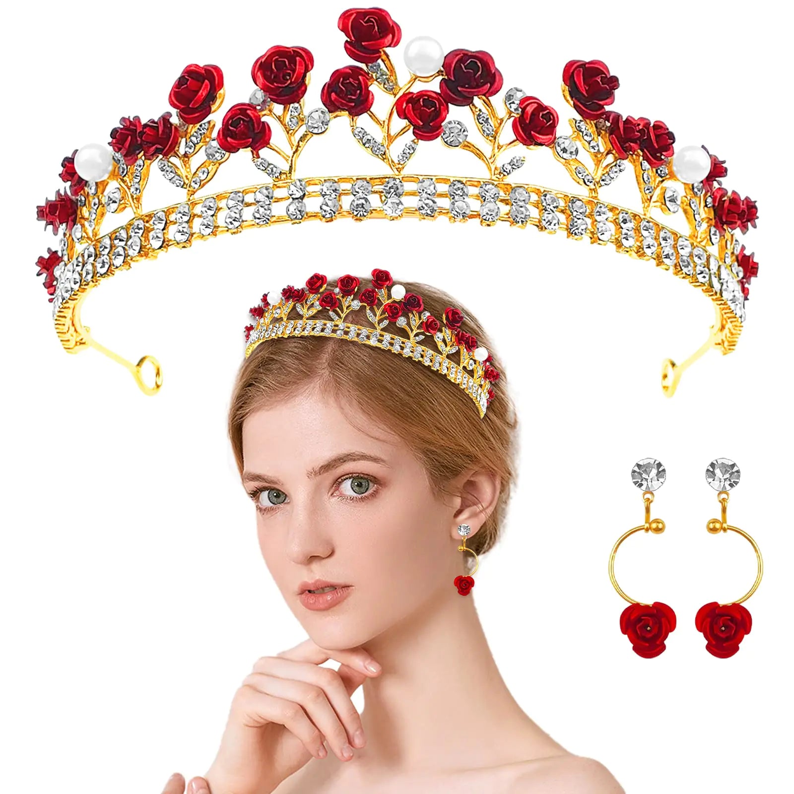 Aswewamt Red Rose Tiaras Bridal Wedding Queen Crowns Gold Flower Baroque Princess Crown Pearls Crystal Gold Headbands Earrings Rose Pendant Flower Jewelry for Women