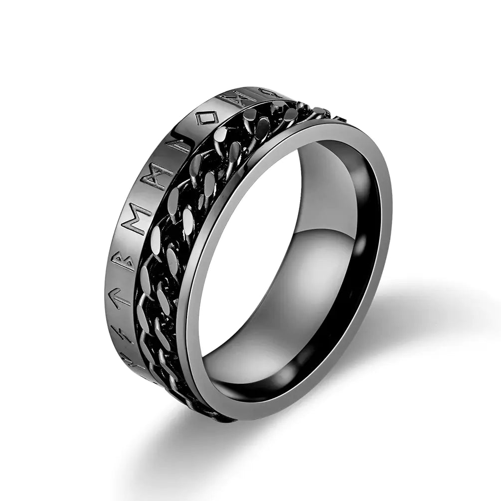 Titanium Steel Viking Text Chain Ring - Rotatable Design