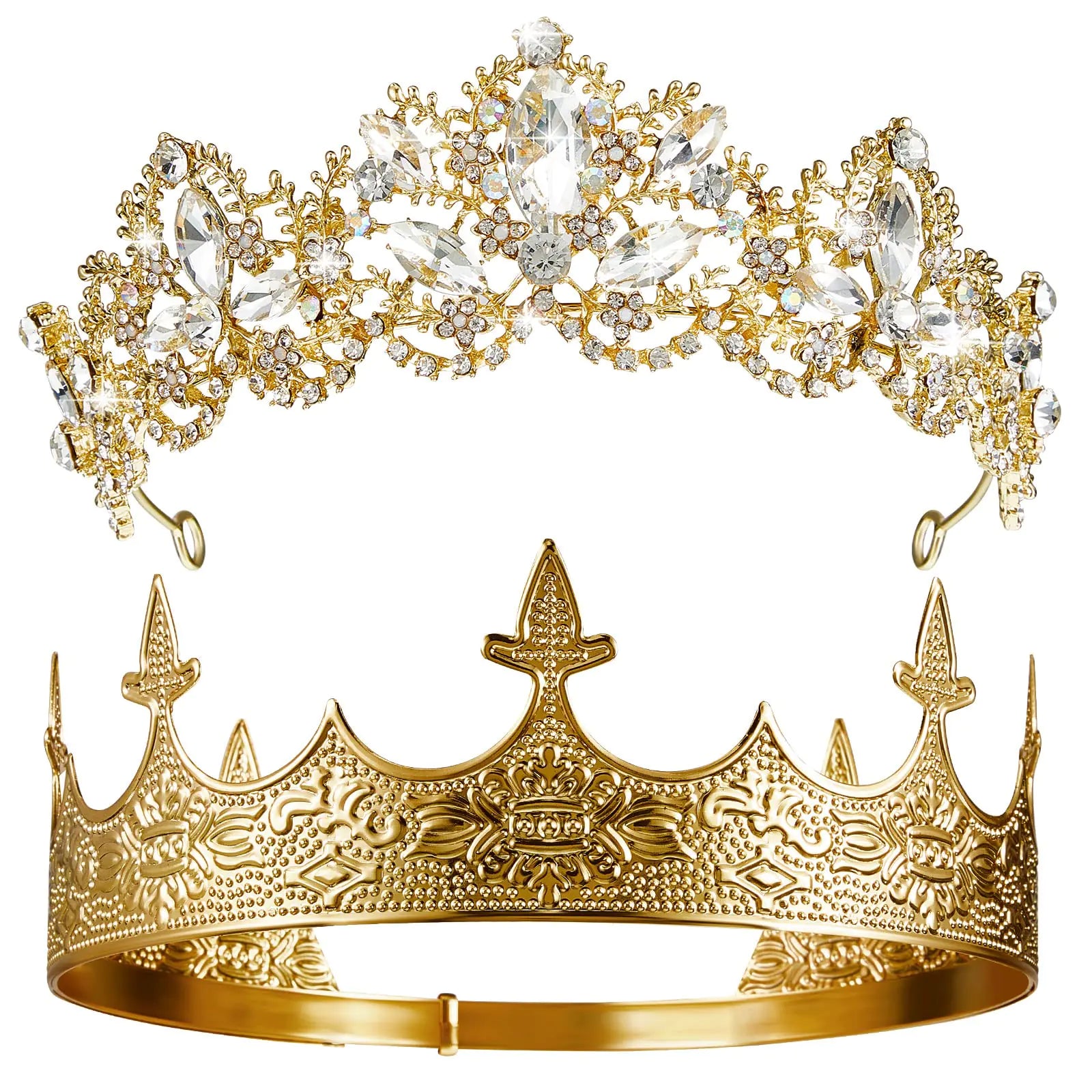 Sureio 2 Pcs Antique Royal King Crown for Men Baroque Queen Crown for Crystal Tiara Prom Cosplay Birthday Wedding Party Hair Headband Accessories(Elegant Style)