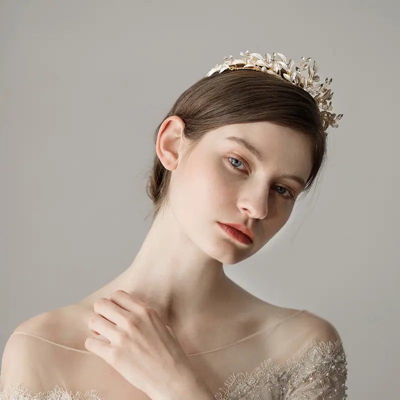 Elegant White Leaf Bride Crown - Korean Style Tiara